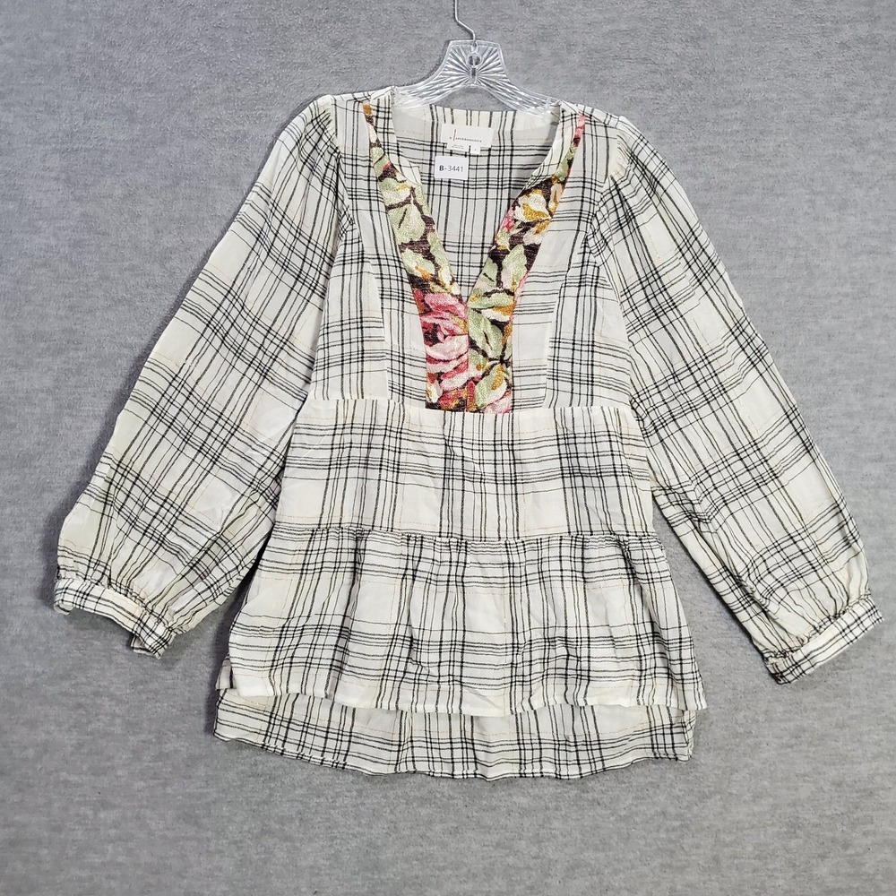 Antropologie Women Top‎ Small Cream Darlene Plaid Boho Peasant Tiered Wool Blend